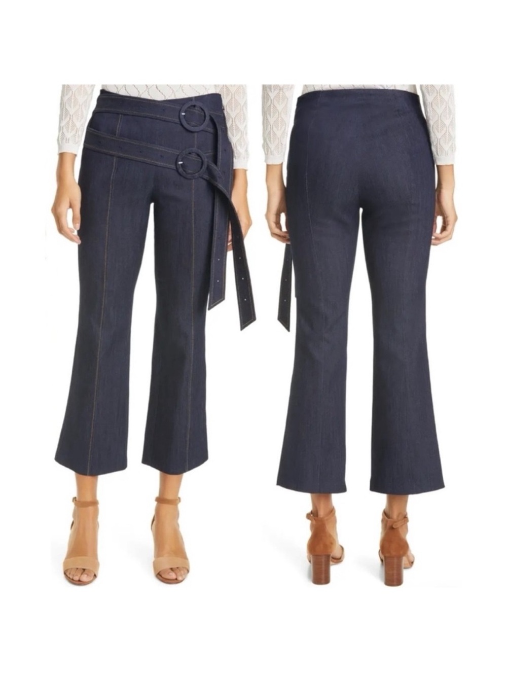 cinq a sept jessi double-belt crop kick-flare dark denim pants size 0